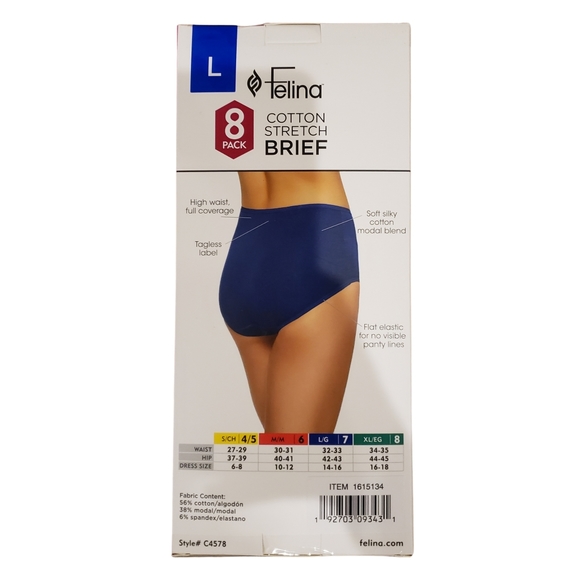 Felina Underwear Women Large Multicolor Cotton Stretch Briefs 8 Pairs NWT! - Picture 2 of 2